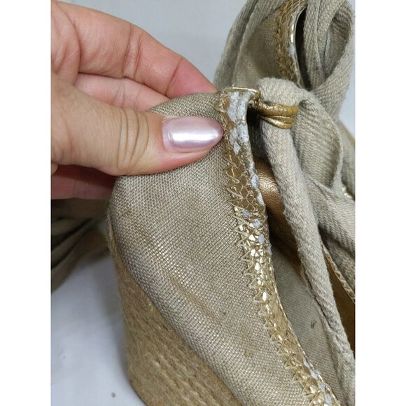 Tory Burch Brown Canvas Tie Wrap Espadrille Wedge Heels Size 9 FLAWED - Picture 5 of 16